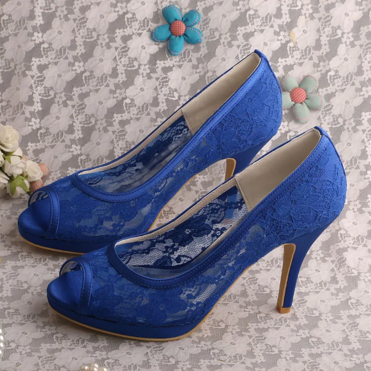 Wedopus MW216 Breathable Blue Lace Bridesmaid Shoes Peep Toe High Heels