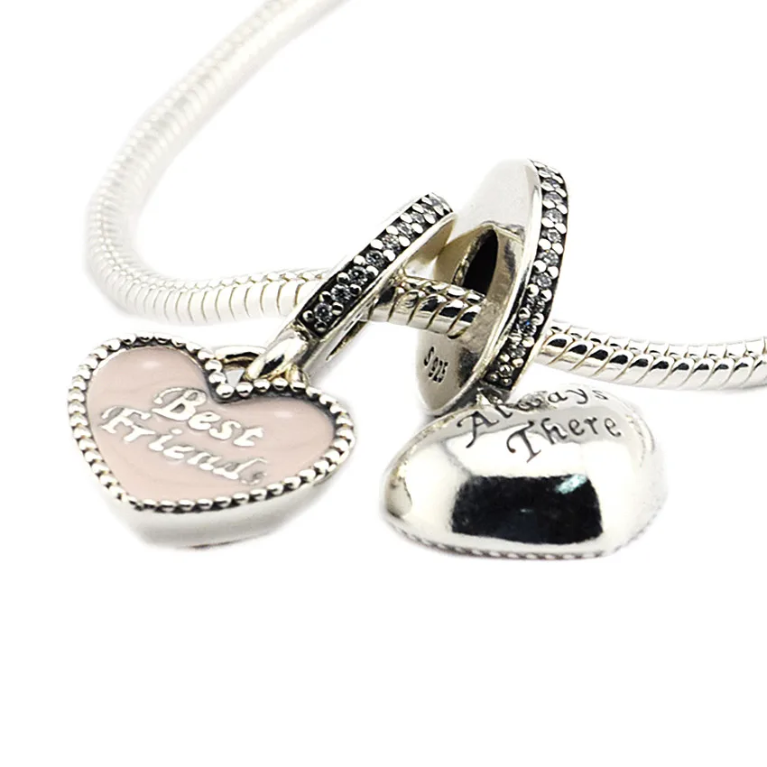 Best Friends Pendant 925 Sterling Silver Charms Soft Pink Enamel Clear CZ Fine Jewelry Fits Charm