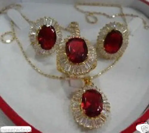 

Red Crystal NecklacePendant Earring Ring Jewellery Sets ^^^@^18K GP style Fine jewe Noble Natural jade FREE SHIPPING