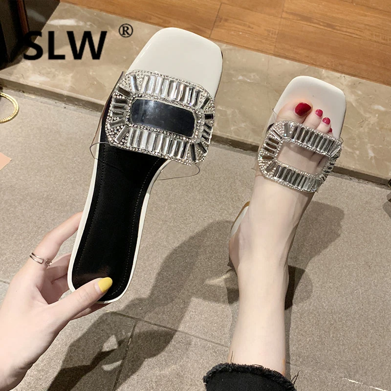 

Shoes Without Heel Designer Slides Transparent Slippers Jelly Flip Flops Square heel Low Shose Women Flat Luxury Glitter