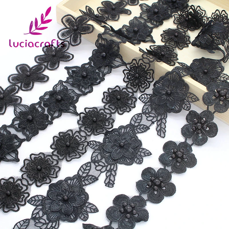 Lucia Crafts 1y Black Flower Embroidery Lace Fabric Trim Ribbons