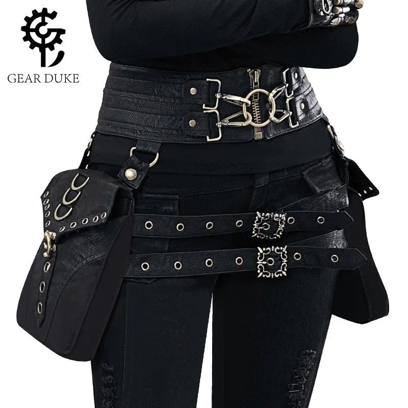 

Cool SteamPunk Leather Waist Bag Retro Brown Crossbody Bag Rock Men Women Gothic Black Fanny Packs Fashion Motorcycle Leg Bags