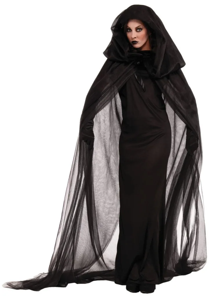 

Black Night Wandering Soul Ghost Vampire Dress Costume With Floored Hooded Cape For Woman Girl Halloween Party Cosplay