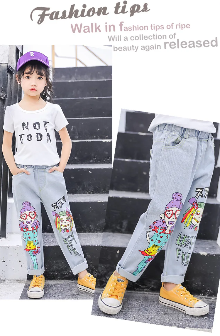 ZSIIBO Girl's jeans Girls nine points jeans new autumn clothes cartoon anime beauty jeans