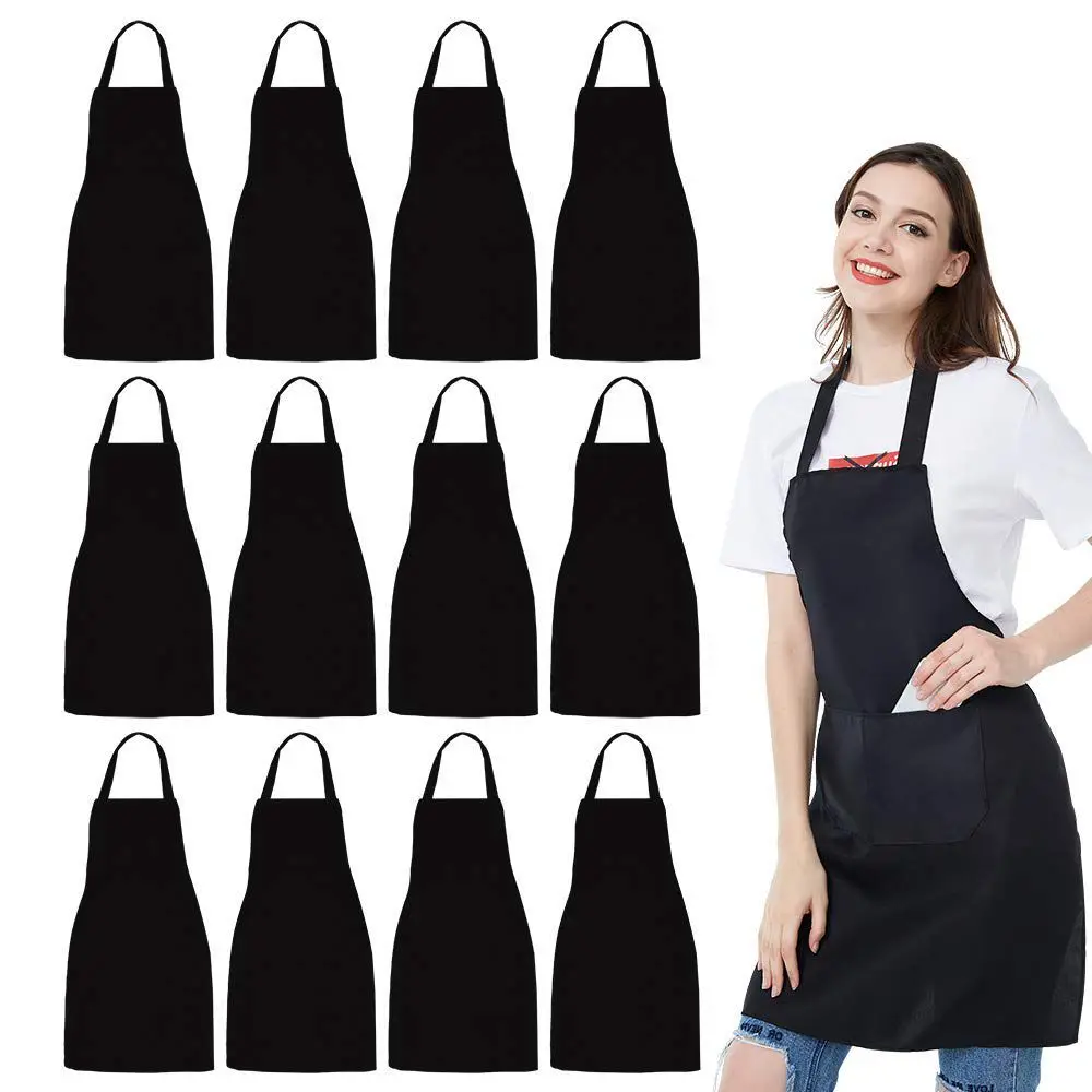 Preise HEIßER VERKAUF 12 Pack Bib Schürze Unisex Schwarz Schürze Groß mit 2 Geräumige Taschen Maschine Waschbar für Küche Crafting BBQ Zeichnung