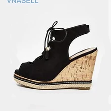 Vnasell/женские босоножки на платформе туфли-лодочки из флока с перекрестной шнуровкой женские туфли на танкетке с открытым носком и вырезами Размеры 30, 31, 32, 33, 39