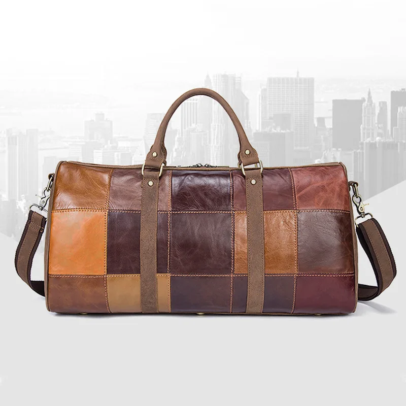 

Cowhide Travel Totes Patchwork Genuine leather travel bag Men Brand business large capacity top layer leather travel duffel bag