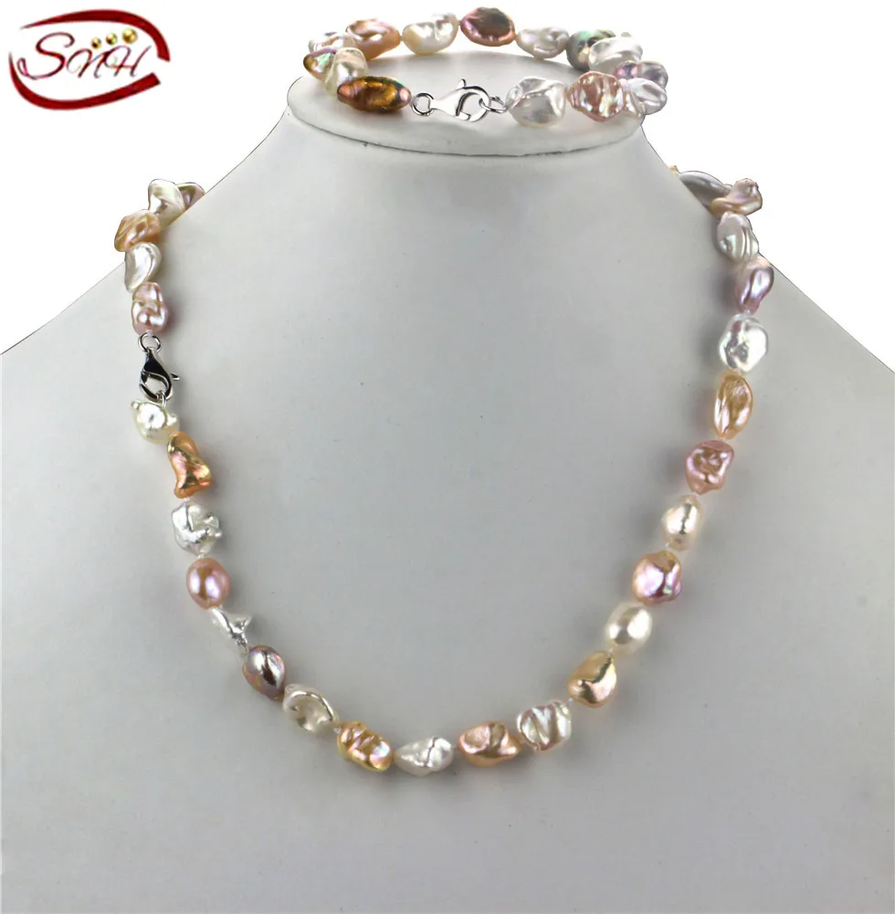 

SNH 8-10mm keshi mixed color Design Real Culture natural Freshwater Pearl Set Bracelet and Necklace jewelry For Women Wedding