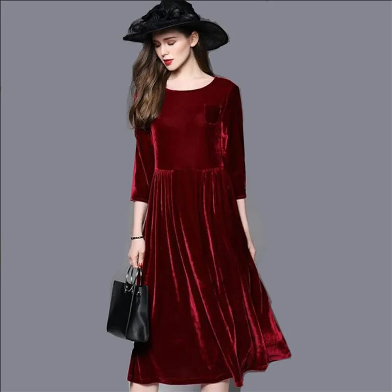 

2019 Autumn Velvet Dress Women three quarter Sleeve Party Dresses Elegant Office Velour Dress Vestidos,Plus size M - 6XL 7XL