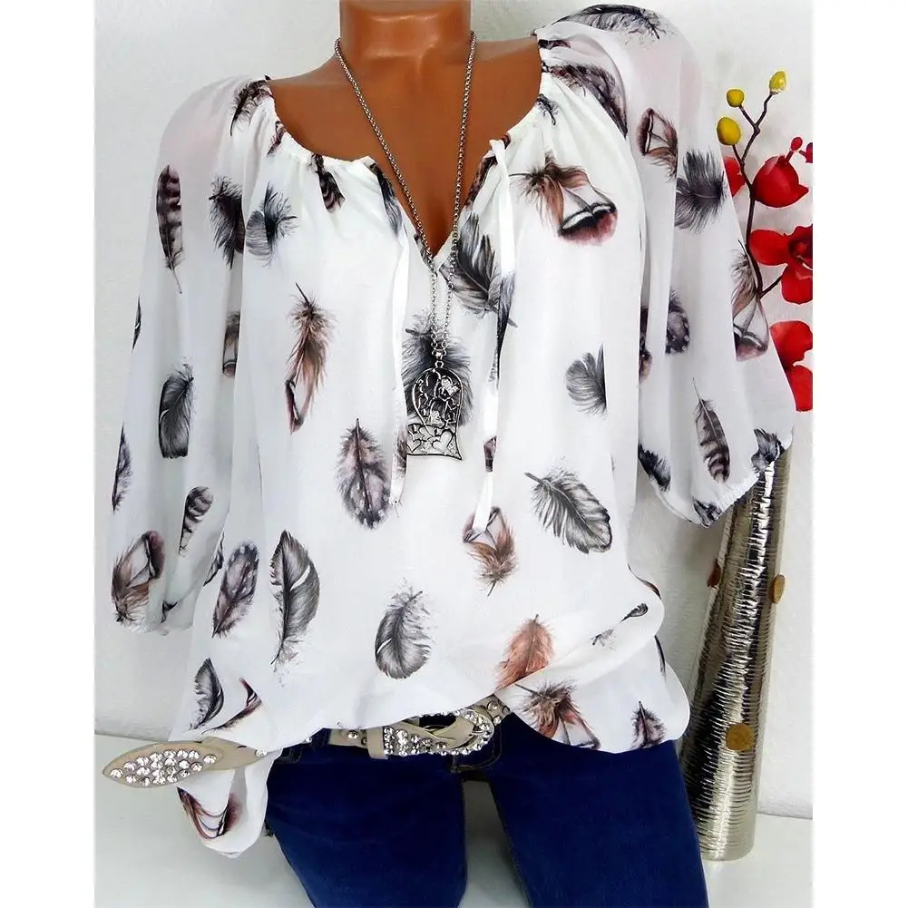 

2019 New Yfashion Women Casual Loose Feather Printing V-Collar Three Quarter Sleeve Shirt