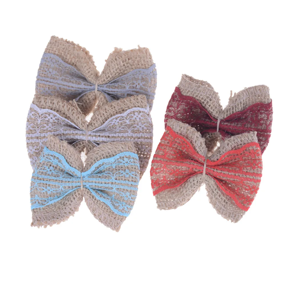 Jute Burlap White Lace Bows Hessian Ribbon Cute Bowknot/Vintage Wedding Decoration Scrapbooking Hair Hat craft 10pieces /Pack
