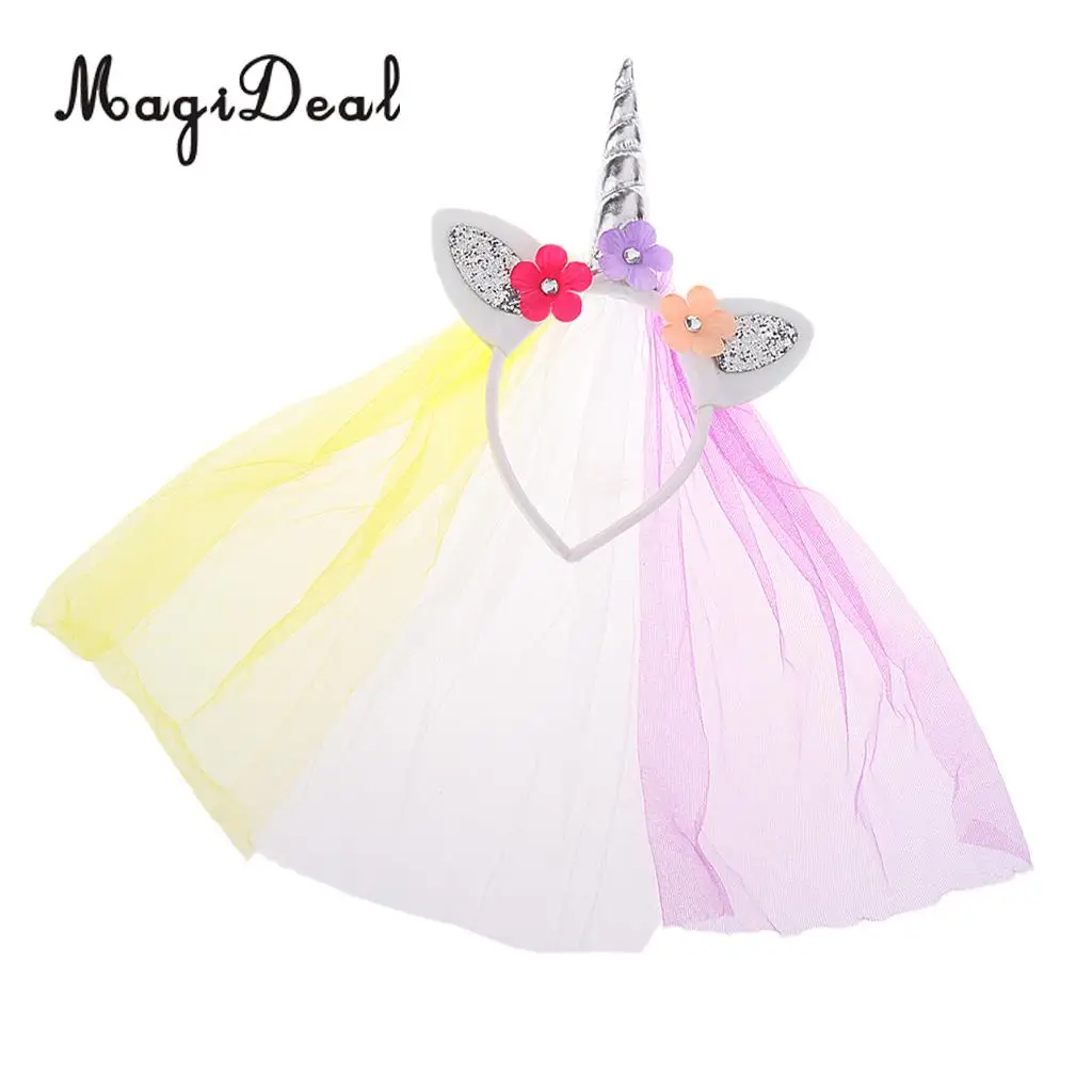 MagiDeal Unicorn Rose Flower Veil Headband Costume Cosplay Party Fancy Dress for Birthday Baby Shower Christmas Halloween Decor