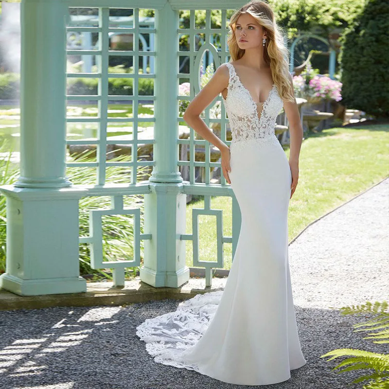 

LORIE 2019 V Neck Mermaid Wedding Gown Robe De Mariee Satin Appliques Sleeveless Backless Wedding Dress Vestidos De Noiva