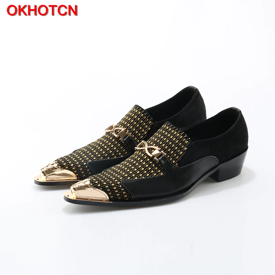 OKHOTCN Men Leather Shoes Black pointed Toe shoes Gold Patchwork Men ...