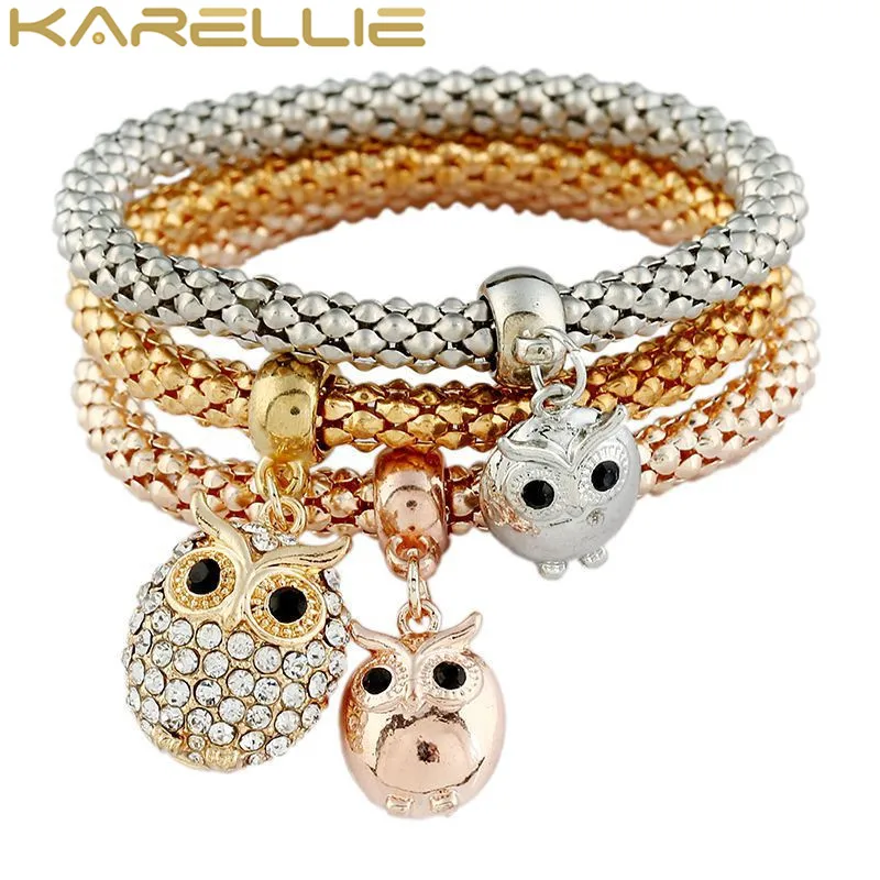 KARELLIE Crystal Owl Charm Bracelets&ampBangles 3 Color Rose Gold Silver Anchor Pendants Rhinestone Bracelet Women | Украшения и
