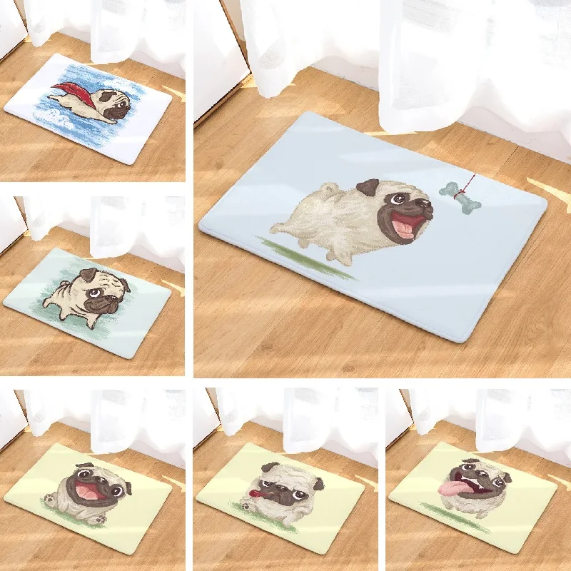 Floor Mat Funny Pugs Dogs Printed Suede Rug Home Decoration Bathroom Carpet Bath Mat 50x80cm Outdoor Kitchen Toilet Floor Mat