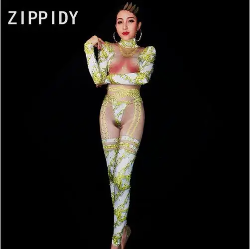 

Fashion Glisten Gold Rhinestones Printed Sexy Women's Birthday Party Nude Bodysuit Nightclub Female Show Stage Clothes