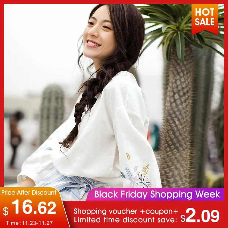 Kopen INMAN 2018 lente nieuwe blouse ronde kraag geborduurde negen punt bubble mouw blouse.