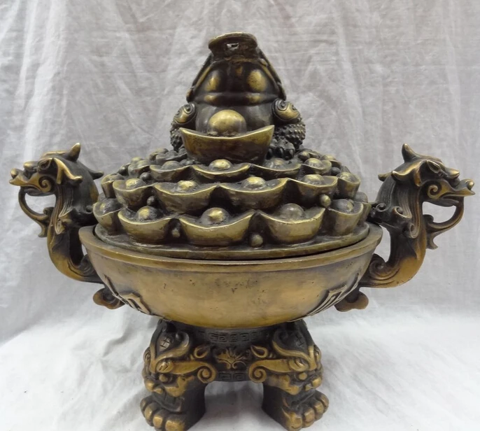 

bi001743 16" Tibet Bronze Buddhism YuanBao Hoptoad Toad Statue Lion Incense Burner Censer