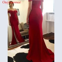 Off the shoulder sexy red evening dress sweetheart neckline side slit satin bridal party dresses casual off the shoulder sheath slit dress