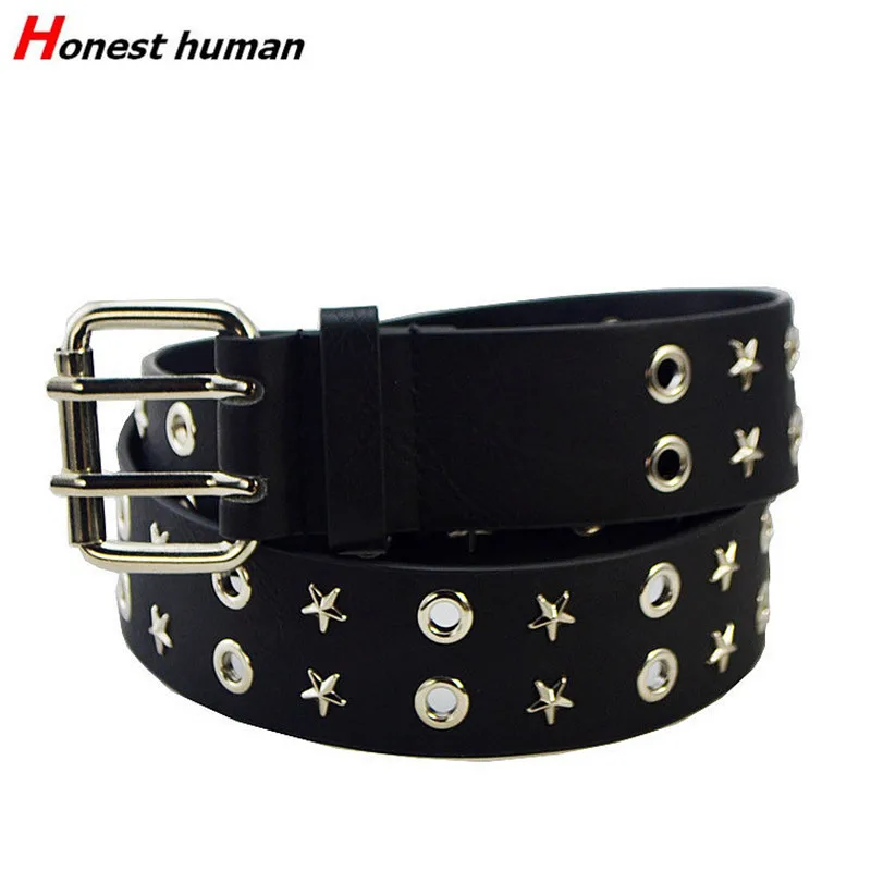 

Fashion Male Female Double Pin Buckle Faux Leather Belt Punk Rock Pentagram Rivet Studded Decorative Black Belts For Men Jeans