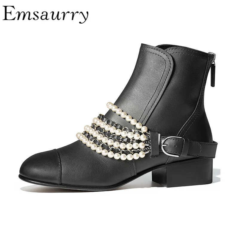 

Retro Style Martin Boots String Bead Belt Back Zipper Round Toe Square Heel Autumn Winter Leather Ankle Boots Women