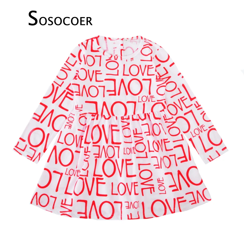 Sosocoer платье для девочек осень 2017, Новая мода с надписью «Love» с длинными рукавами Детские праздничные платья Высококачественная Одежда для
