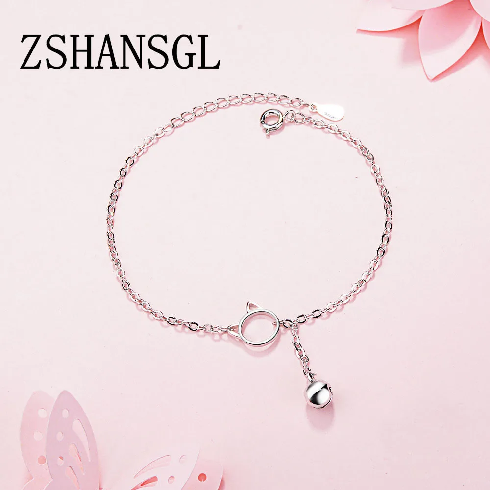 

Simple Style 925 Sterling Silver Cute Cat & Small bell Link Chain Bracelets & Bangles for Women Jewelry Dainty Gift Bijoux