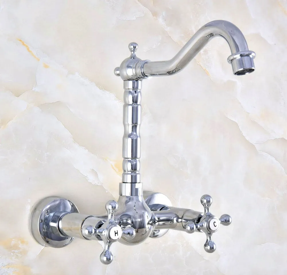 Polished Chrome Brass Wall Mount Bathroom Basin Kitchen Sink Faucet Swivel Spout Mixer Tap Dual Cross Handles Levers anf576