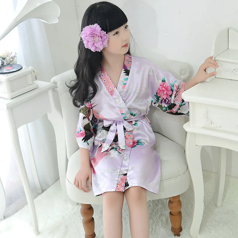 

Girl kimono robe elegant light purple floral peacock stain robes children sleepwear bridesmaid flower girl dressing gown wedding