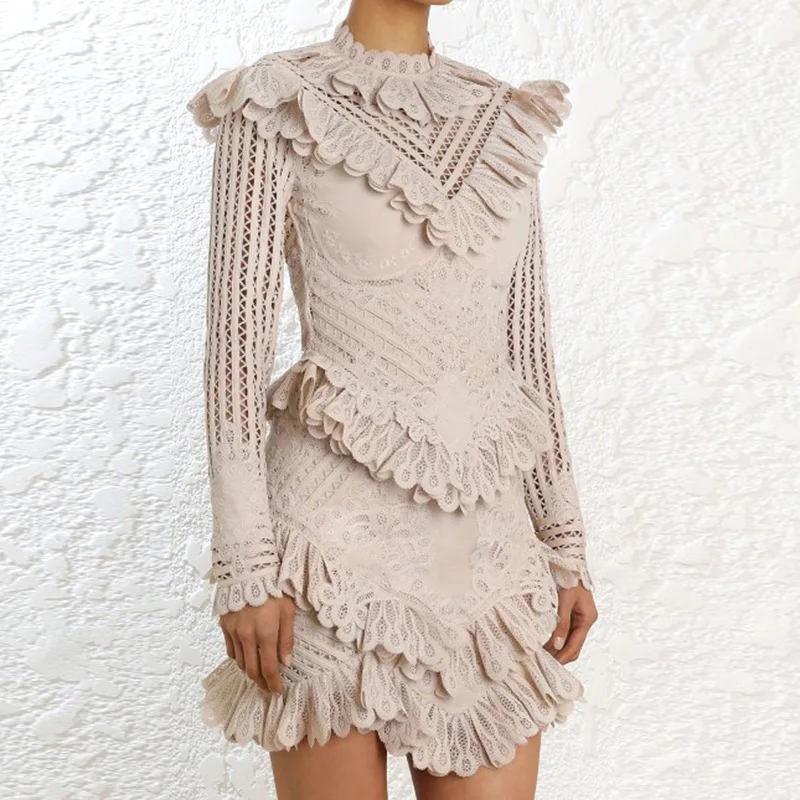 

[MENKAY] Lace Hollow Out Ruffles Spliced ZIM Dress 2018 Autumn New