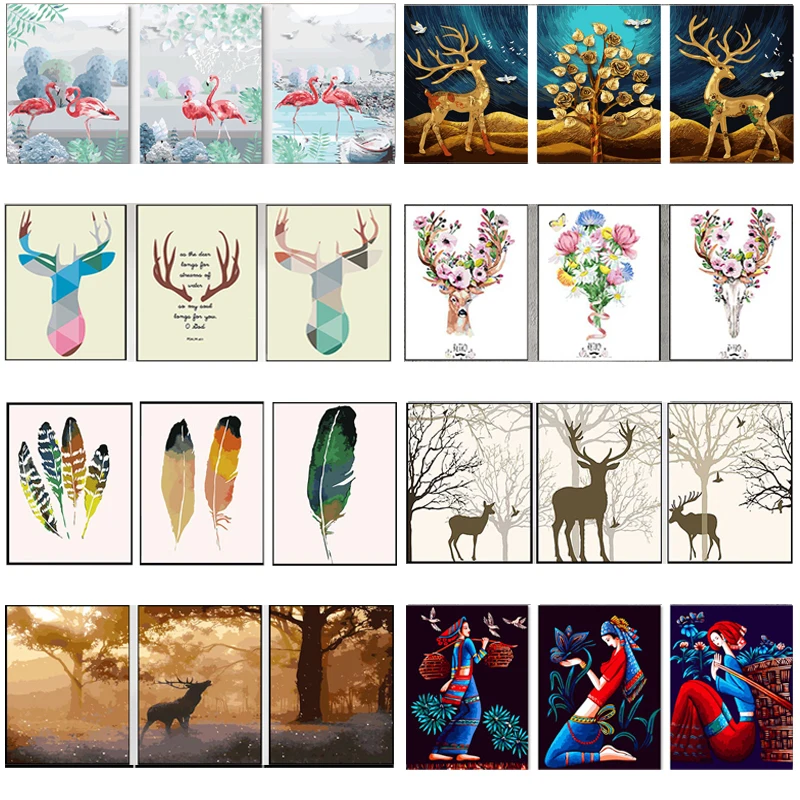 DIY Oil Painting by Numbers Deer Trees Triptych Pictures Animal Abstract Paint Wall Sticker Coloring Landscape Gift Home Decor