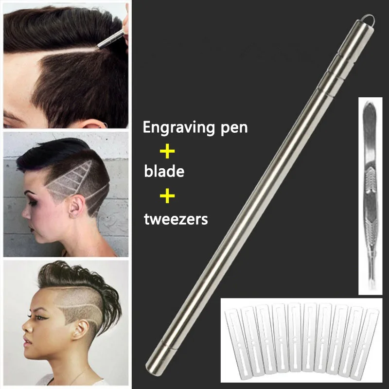 Прическа ручка с гравировкой+ 10 шт. лезвия профессиональные триммеры для укладки волос брови для бритья салонные аксессуары для прически - Цвет: set