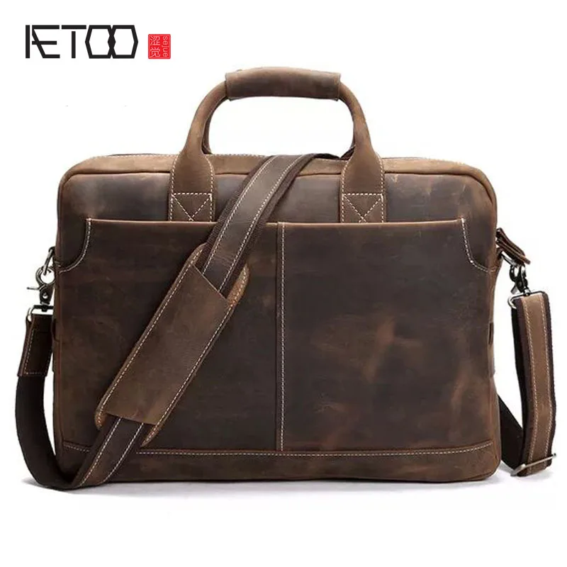 

vintage 100% genuine leather business briefcase multifunctional laptop bag Crazy Horse Handmade Shoulder Bag Messenger Bag