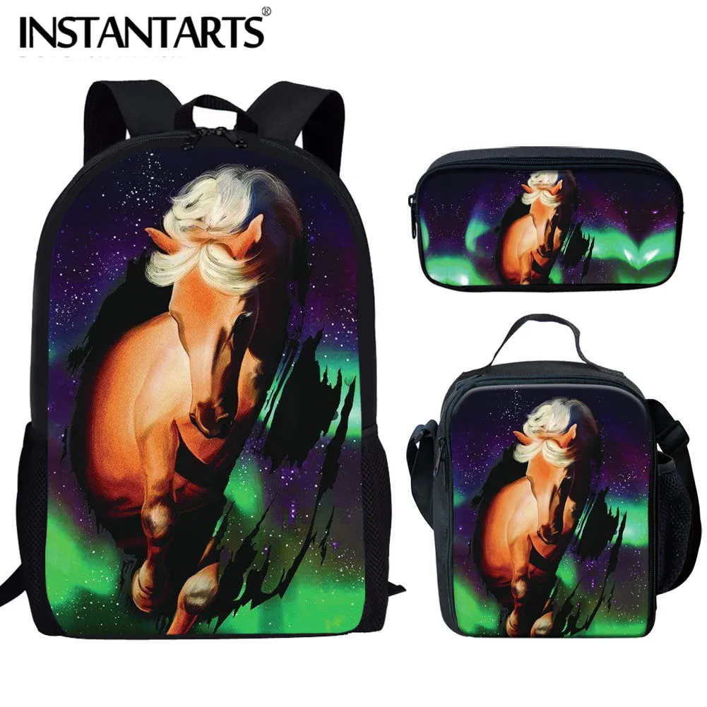 

INSTANTARTS 3pcs Set School Bag 3D Crazy Horse Printing School Backpack Teen Girl Boy Book Bag mochilas escolares infantiles