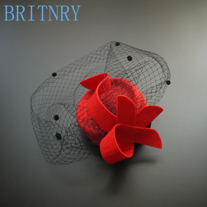 Бритни дешевые ручной работы Свадебная шляпка красные, черные чародей для вечерние Шапки элегантный Клетка вуаль Для женщин свадебные