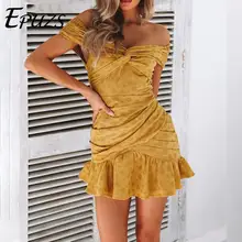 Сексуальное желтое пляжное платье с открытыми плечами, женское винтажное повседневное хлопковое мини-платье с оборками, белые вечерние платья в горошек, boho Vestidos