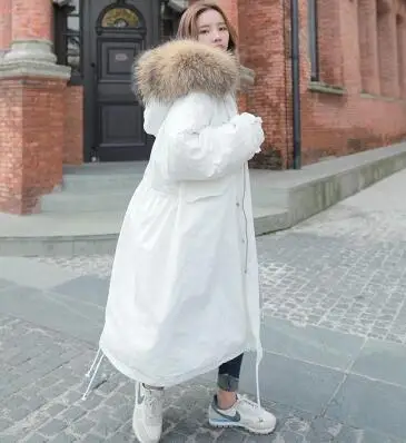 Зимнее пальто для женщин большой меховой воротник с капюшоном Длинная Куртка утепленная Корейская стеганая парка Новинка негабаритных Военная парка B1 - Цвет: white