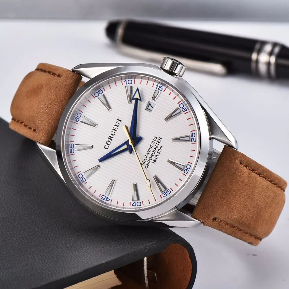 Роскошный бренд Corgeut 41 мм Мужские часы с кожаным календарем автоматические мужские часы с белым циферблатом сапфировое стекло Мужские часы