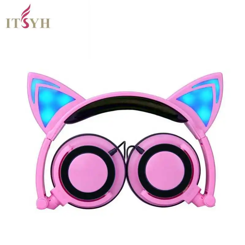 Fashion Earphones & Headphones girl students LED light headband earpones with microphone foldable Cute Cat Ear headset TW-763 graphic print cute ear headband