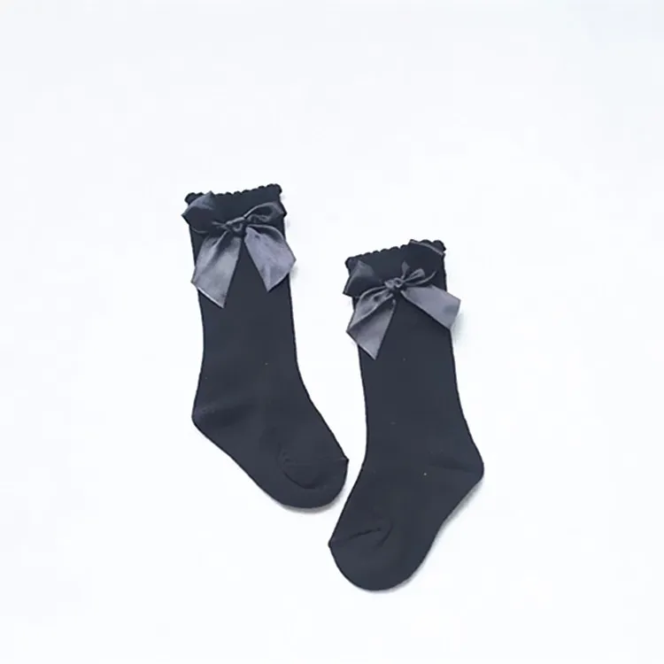 Новые модные весенне-осенние носки из чесаного хлопка, Чулки с бантами, Детские однотонные гольфы, чулки для маленьких девочек, От 0 до 4 лет - Цвет: black