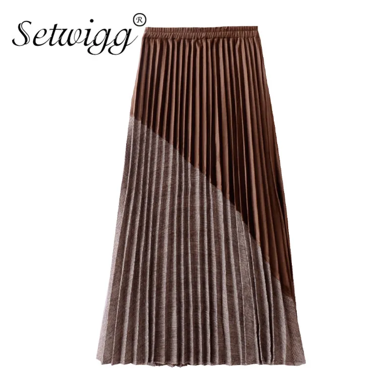 

SETWIGG Winter Pleuche Plaid Slanting Patchwork A-line Maxi Long Pleated Skirts Stretch Waist Velvet Ankle Long Skirts