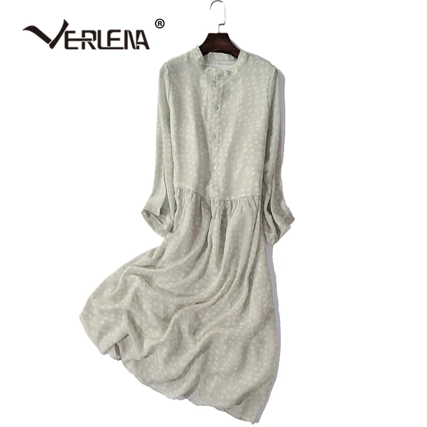 

Button Dots Pattern Printed Comfortable Silk Dress Women Stand Collar A-Line Mid-Calf Simple Casual Summer Dress 2019 VERLENA