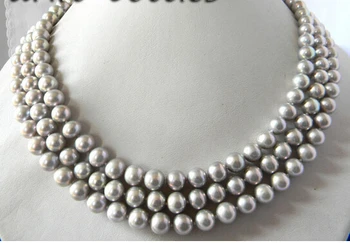 

3Strands 18'' 9MM Gray Round Freshwater Pearl Silver Necklace