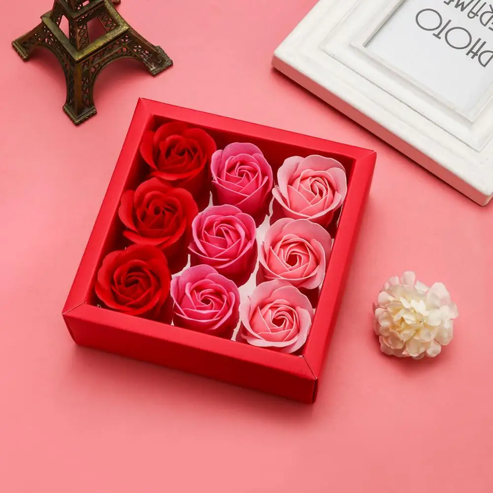 

14*14*4.5cm 9 PCS Set Soap Flower Gift Handmade Red Pink White Violet Soap Roses With Box Skin Whitening Shampoo Flower Soap