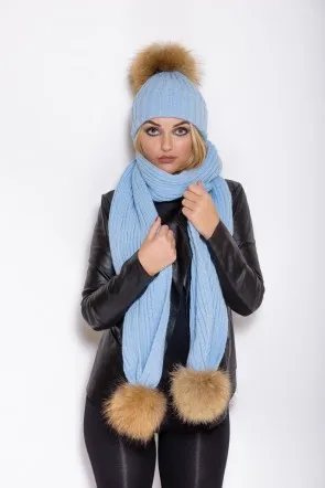 Для женщин взрослых зима Pom Шапки шапочка теплая вязаная с помпоном меховой помпон шапки и шарфа комплект Для женщин натуральный мех енота помпоном Hat - Цвет: Baby blue