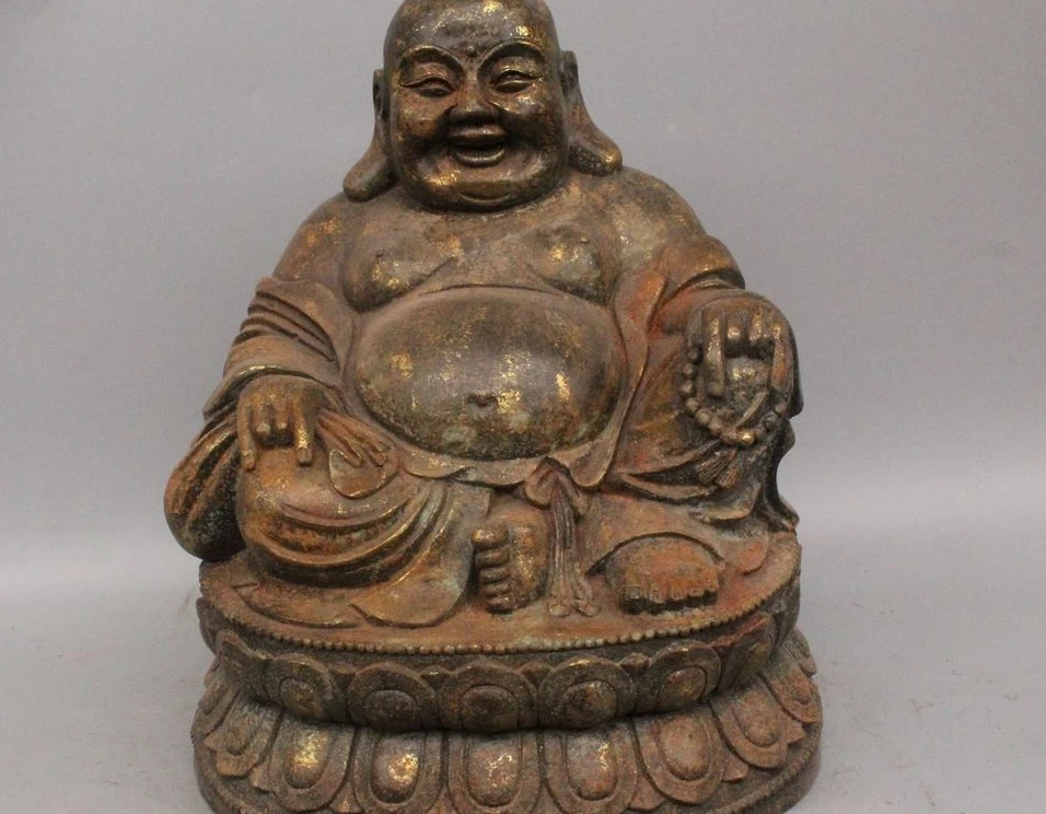 

11 " Chinese Buddhism Bronze Happy Laugh Maitreya Buddha Bead Wealth Statue
