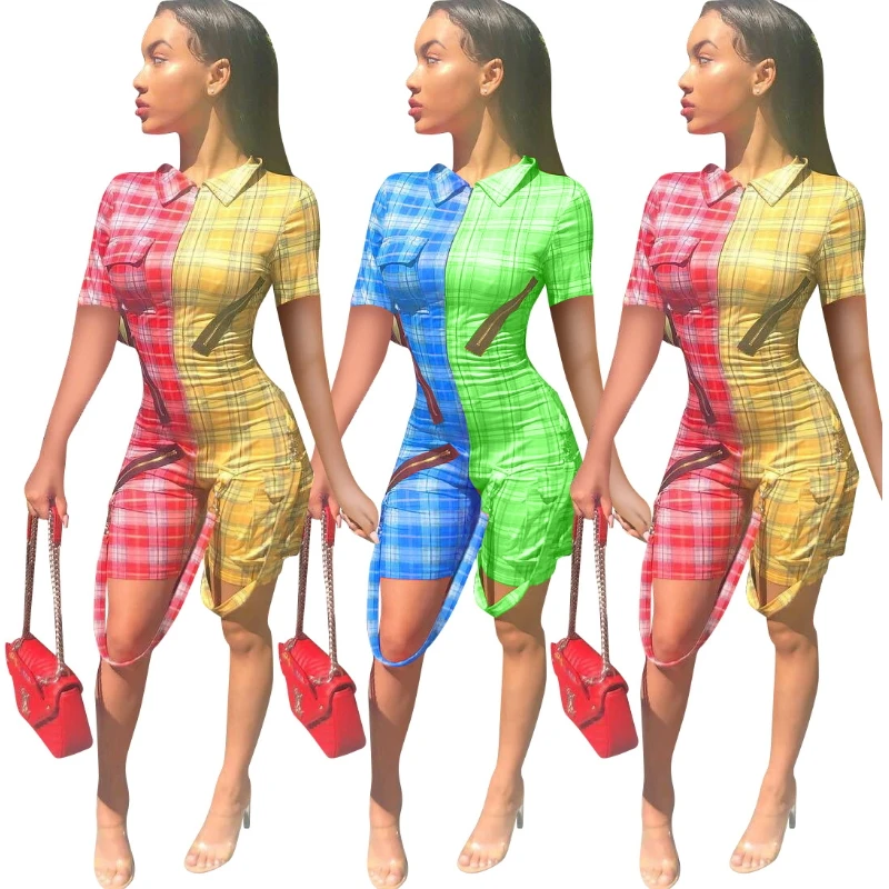 

Plaid Print Bodycon Bodysuit Patchwork Ribbons Zipper Front Bandage Jumpsuits Sexy Checkered Outfits Shorts Casual Playsuits