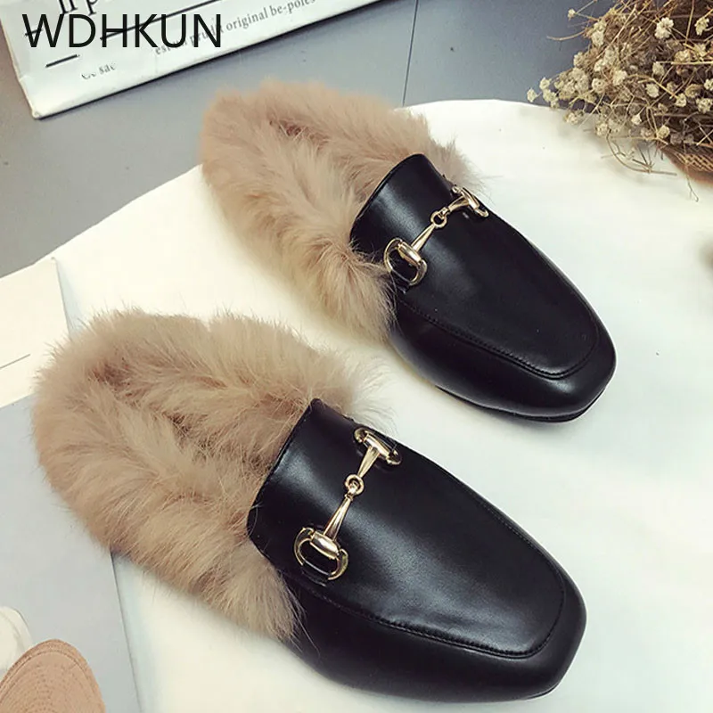 

WDHKUN 2019 New Brand Leather Female Slippers Foreign Trade Size Shoes fashion Flat Half Wool Shoes Slippers Jurchen Fur