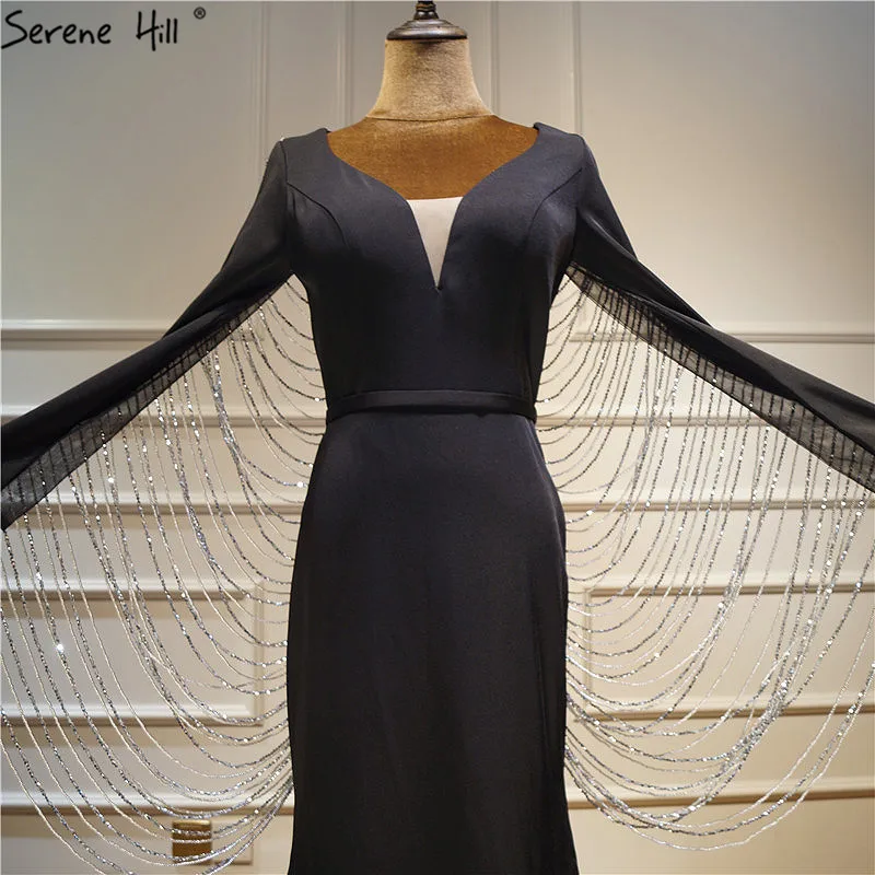 Черные вечерние платья с v-образным вырезом, украшенные бисером и кристаллами, длинные рукава, дизайн русалки, длинное вечернее платье SERENE hilm LA60824